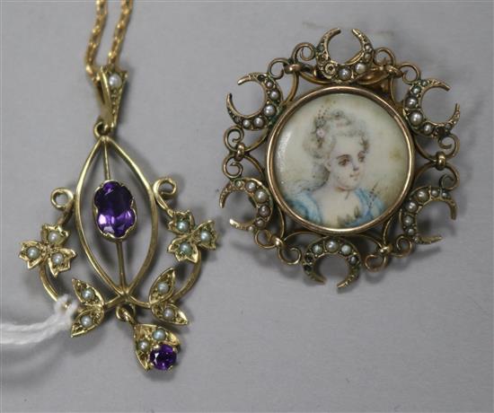 An amethyst and seed pearl-set openwork pendant on 9ct gold fine neck chain and a portrait miniature in 9ct gold mount (a.f)